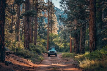 A high-resolution image of a family SUV driving through a national park during summer, with towering trees and a clear, bright sky - Powered by Adobe