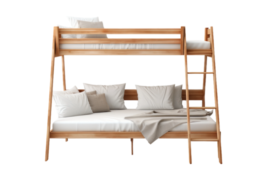 Dreamy Haven: A Wooden Bunk Bed With White Sheets and Pillows on Transparent PNG Background.
