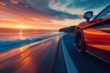 A vibrant photograph of a sports car speeding along a coastal road at sunset, with the ocean reflecting the warm colors of the sky