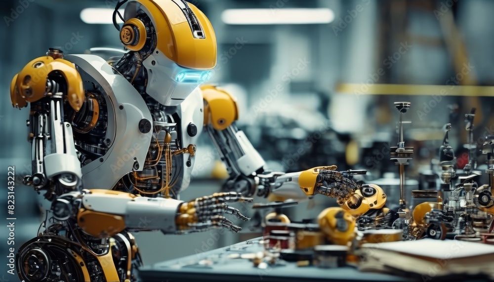 Poster a high-tech yellow and black robot skillfully operating machinery in a modern manufacturing factory 