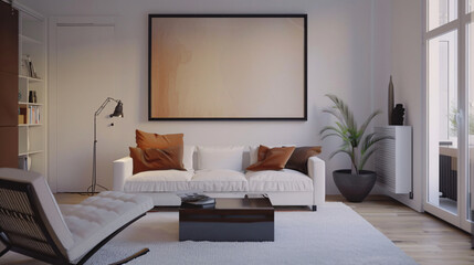 Minimalist living room with a frame background for interior design and home decor, featuring a white sofa and a plant, with copy space text, for home staging and real estate.