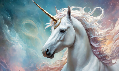 Fantasy Illustration of a wild unicorn Horse. Digital art style wallpaper background in pastel colors.