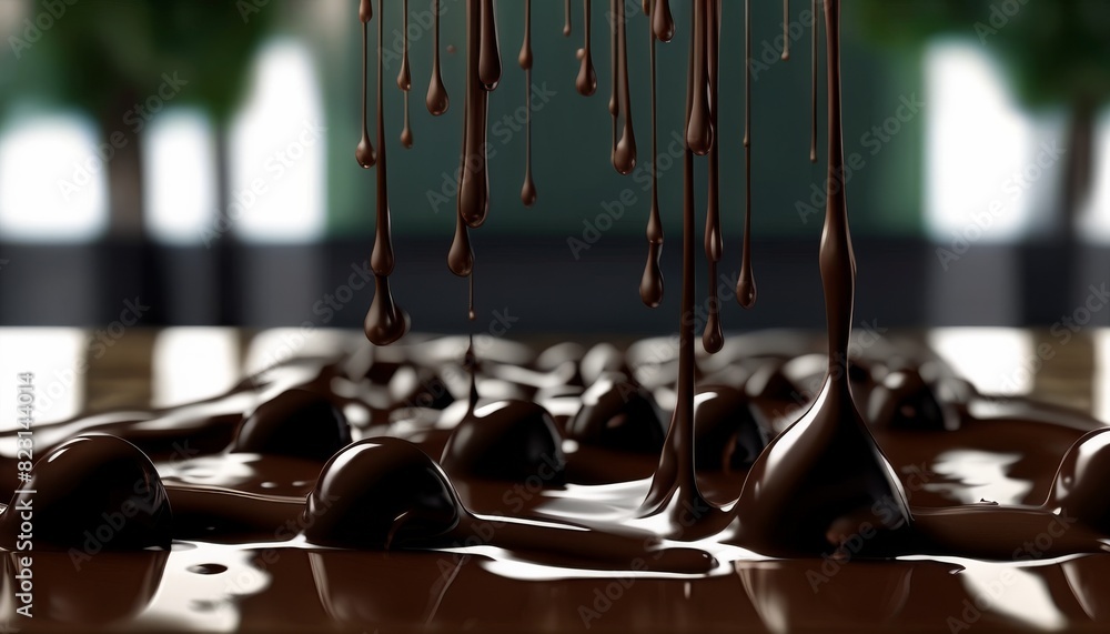 Poster luscious close-up of dark chocolate being drizzled on truffles, creating an appetizing and glossy te