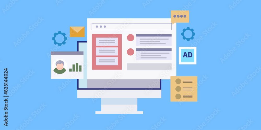 Poster crm software, customer data management sales marketing web-based communication app conceptual vector