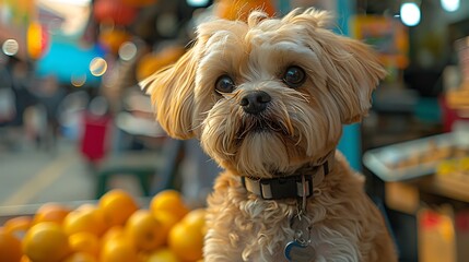 lively outdoor market charismatic shih tzu named Charlie entertains crowds with his playful antics and irrepressible charm his fluffy coat and expressive eyes earning him admirers from all who pass by