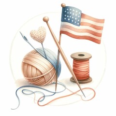 Patriotic themed knitting and sewing pattern. watercolor illustration, Perfect for nursery art, simple clipart, single object, white color background.