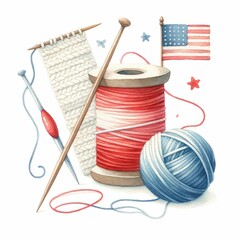 Patriotic themed knitting and sewing pattern. watercolor illustration, Perfect for nursery art, simple clipart, single object, white color background.