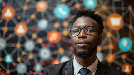 African businessman surrounded by virtual icons representing online communication and finance