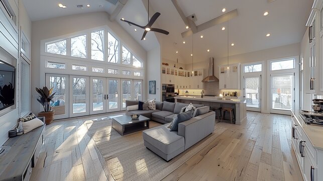 The living room in an open concept home with white walls, grey couches, a ceiling fan on vaulted ceilings, a kitchen area to one side, an island bar centered between cabinets. Generative AI.