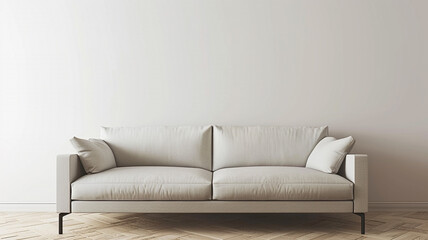 A sofa is situated against an empty white wall in the interior.