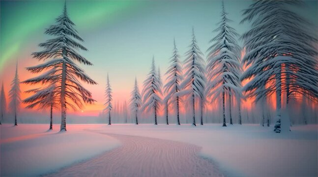 Winter landscape in the mountains, snow blankets trees in a serene forest, under a blue sky, creating a beautiful winter snow scene.