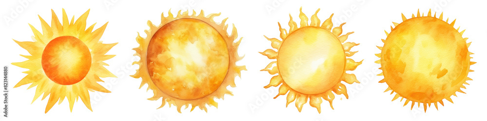 Poster Watercolor sun illustration png element set on transparent background