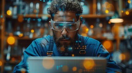 American engineers using laptops to maintain artificial intelligence neural networks made up of interconnected node layers, aiding in processing and transmitting information 