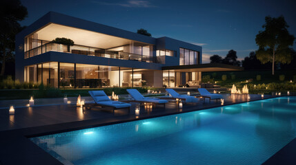 Fototapeta premium Exclusive Modern Villa with Illuminated Poolside Ambiance