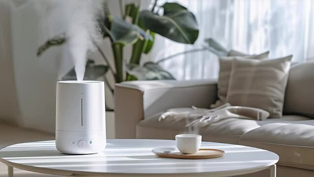 slow motion Steam cloud from electric aroma diffuser in room creating a cozy atmosphere. Concept Aroma Diffuser, Steam Cloud, Cozy Atmosphere, Room Decor, Electric Device
