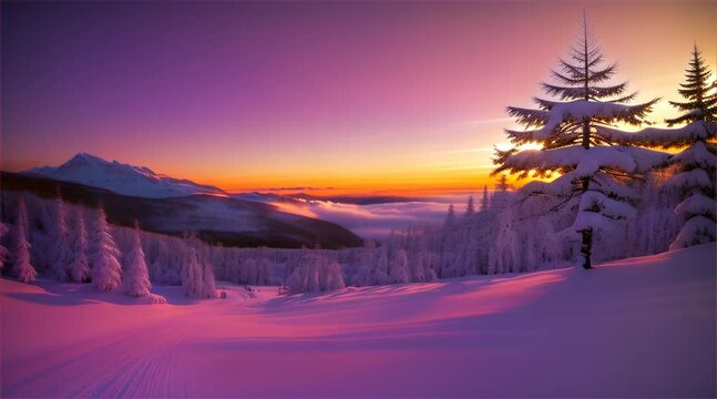 Winter landscape in the mountains, snow blankets trees in a serene forest, under a blue sky, creating a beautiful winter snow scene.