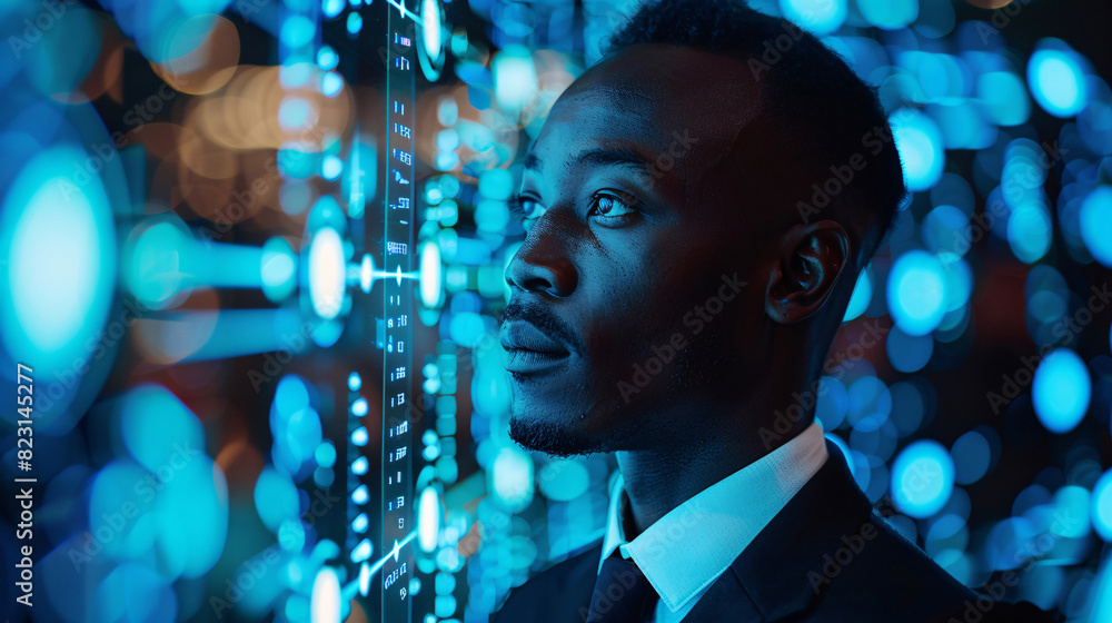Wall mural black man in a suit with glowing digital icons representing information and technology - Wall murals