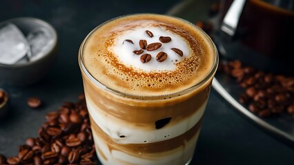 Iced coffee cafe latte in white coffee beans delicious coffee with ice