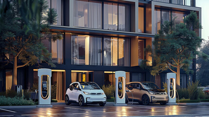 An electric charging stations in front of a hotel or facility, modern and eco-friendly environment, electric vehicles parked at the charging stations. The charging stations is sleek. Generative AI.