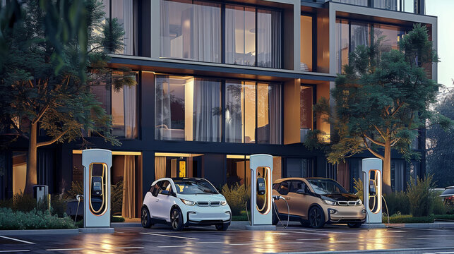 An electric charging stations in front of a hotel or facility, modern and eco-friendly environment, electric vehicles parked at the charging stations. The charging stations is sleek. Generative AI.