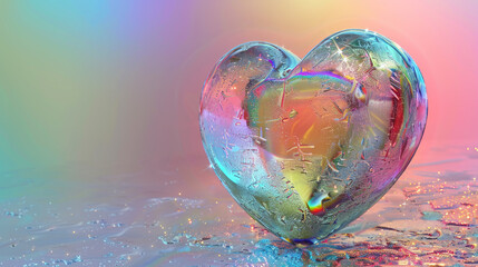 A heart encased in glass-like textures with rainbow refractions, set before a gradient background of soft rainbow colors.