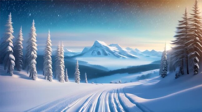 Winter landscape in the mountains, snow blankets trees in a serene forest, under a blue sky, creating a beautiful winter snow scene.