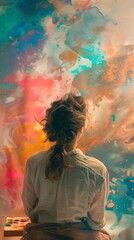 ENFP artist immersed in a colorful painting, copy space, focus on creative flow, ethereal, composite, home studio backdrop