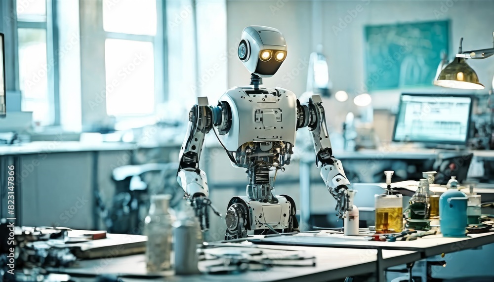 Poster a robotic researcher with a humanoid design and illuminated eyes conducting experiments in a high-te