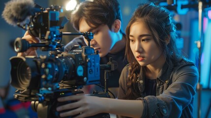 Two Young Asian Film Students Working with a Cinematic Camera