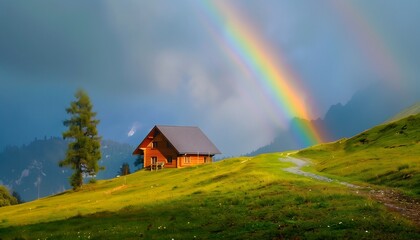Idyllic Cabin with Rainbow in the Countryside