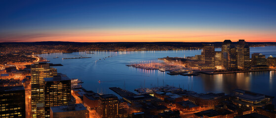 Urban Sunset Panorama Over Waterfront Cityscape