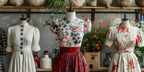Vintage Fashion Design Workshop Setting with Retro Inspired Clothing Displays