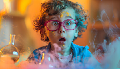 Surprised cute Child Boy Observing Colorful Chemical Reaction.