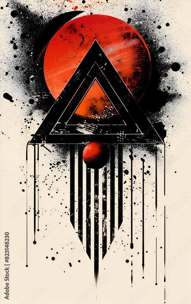 Poster a black and red triangle with a red ball in the middle. the triangle is surrounded by a black and wh