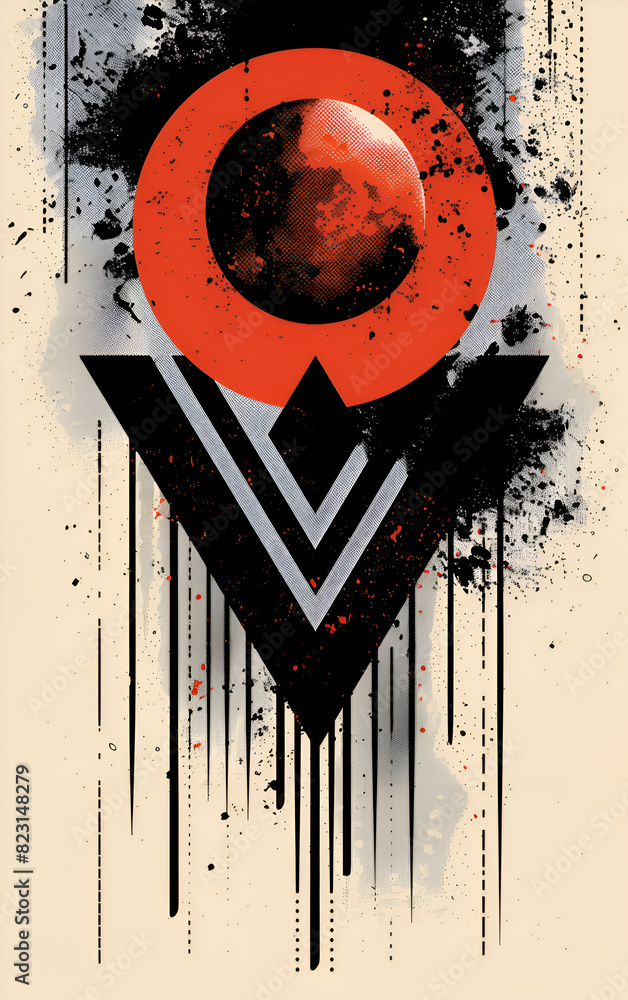 Poster a black and red triangle with a red ball in the middle. the triangle is surrounded by a black and wh