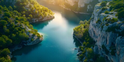 Captivating Aerial Perspective of Lush Riverside Canyon in Untouched Wilderness