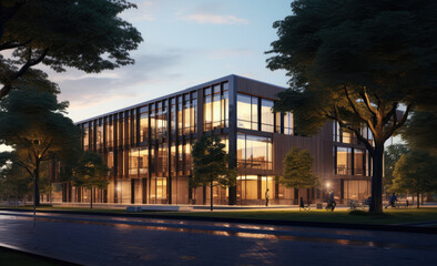 Sleek Modern Office Building Illuminated at Dusk