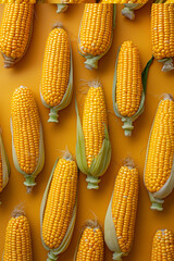 Fresh corns arranged in a beautiful pattern on a simple background.
