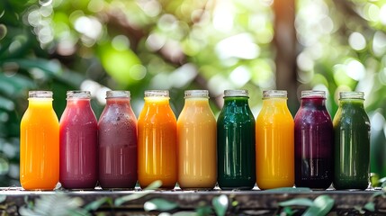 Fresh Detox Juices in Vibrant Colors Display with Natural Light and Copy Space for Healthy Eating Concept