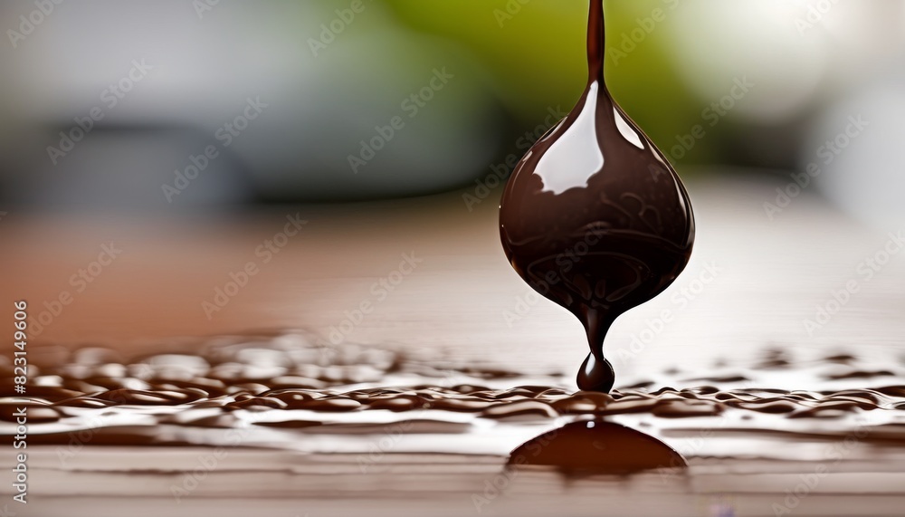 Poster macro shot of a chocolate drip forming a delicate drop, highlighted against a blurred green backgrou