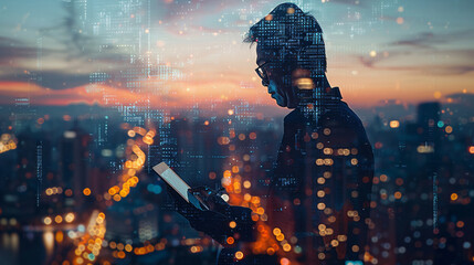 Businessman using smartphone with digital cityscape overlay, highlighting technology and innovation