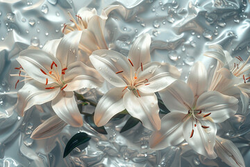 An opulent array of white lilies on a shimmering silver backdrop, signifying new beginnings