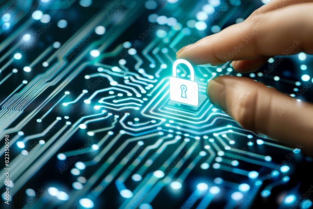 Poster secure microchip with bright blue circuit in cyber protection setting
