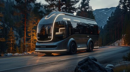 Fototapeta premium A large black RV is parked on a dirt road at sunset