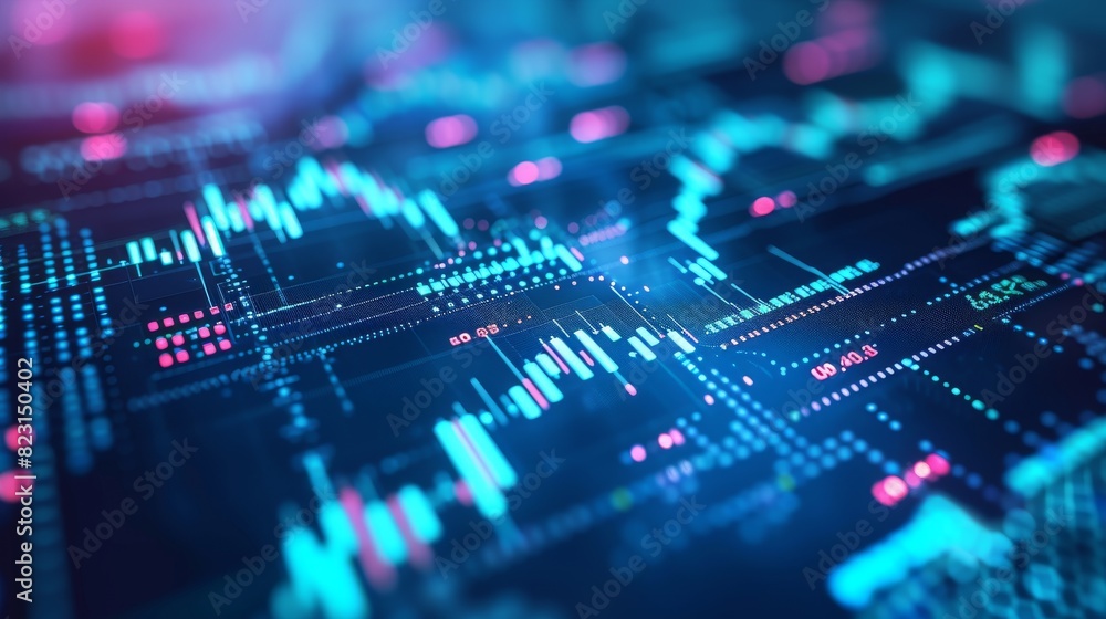 Poster detailed visualization of stock market analytics and trading data in a dynamic display with blue ton