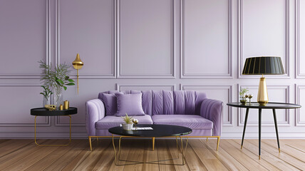 Gorgeous modern living room with light purple wall and wood floor, purple sofa, black table, and gold lamp. Ultraviolet decorating theme.