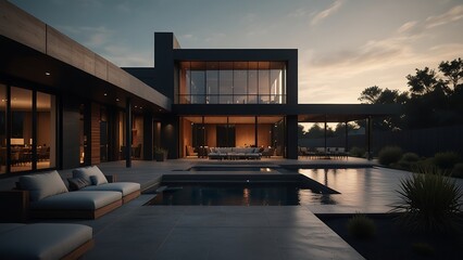 Fototapeta premium Modern House With Pool at Dusk