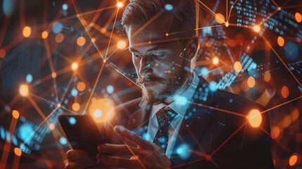 Businessman using smartphone with digital cityscape overlay, highlighting technology and innovation
