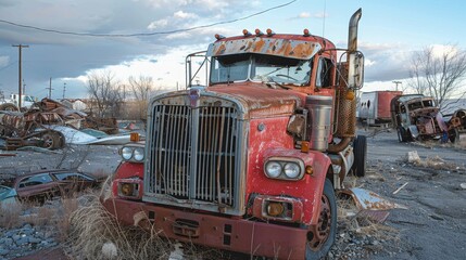 A red semi truck is parked in a lot of other semi trucks