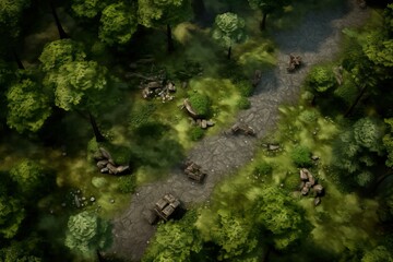 DnD Battlemap Medieval forest battlefield scene with soldiers in conflict.